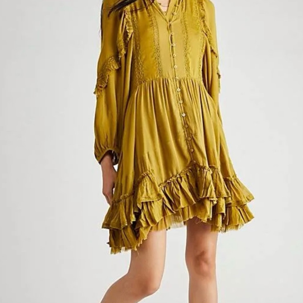 Free People Yellow Long Sleeve Smocked Sundress